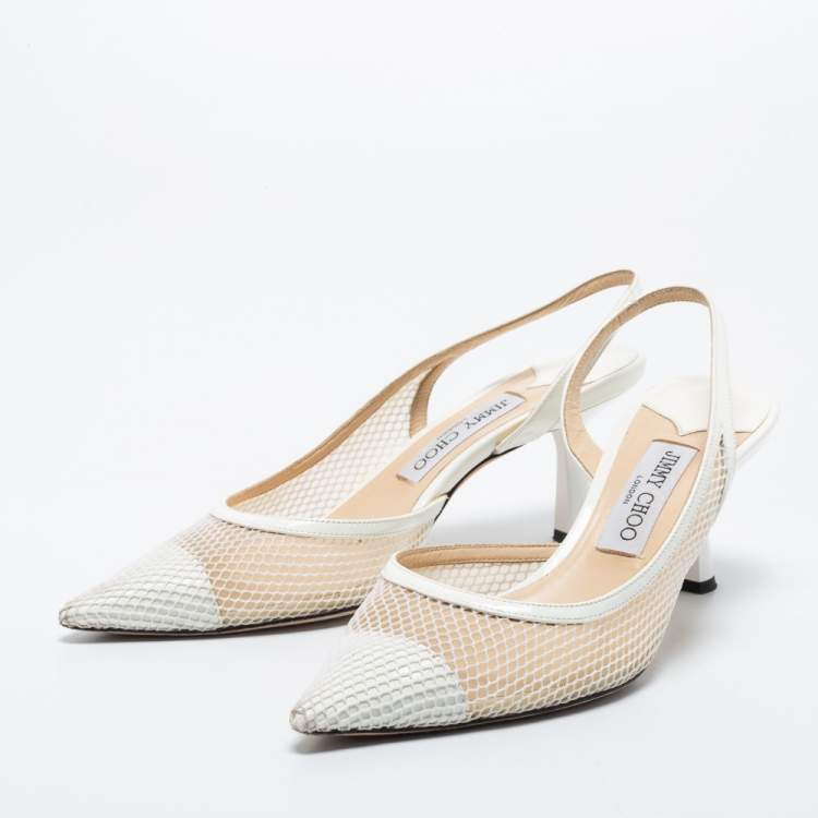 Jimmy Choo White Mesh and Patent Leather Fetto Slingback Pumps