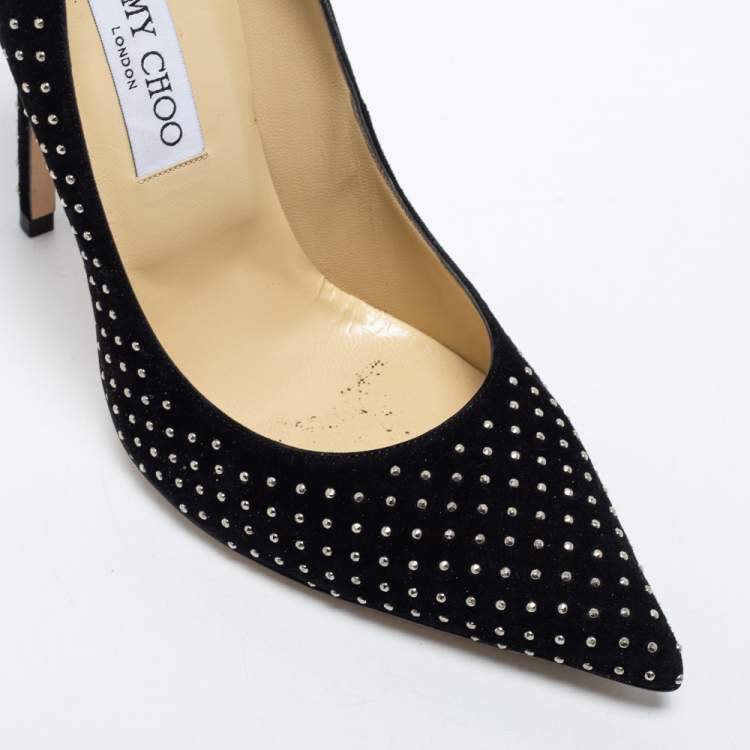 Pre Owned Jimmy Choo Black Suede Embellished Pointed Toe Pumps Size 39.5