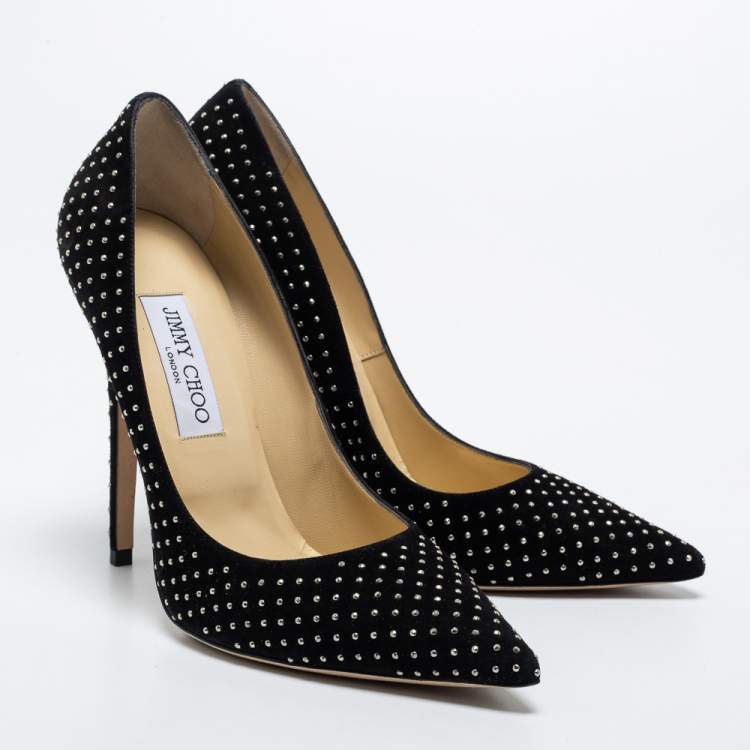 Pre Owned Jimmy Choo Black Suede Embellished Pointed Toe Pumps Size 39.5