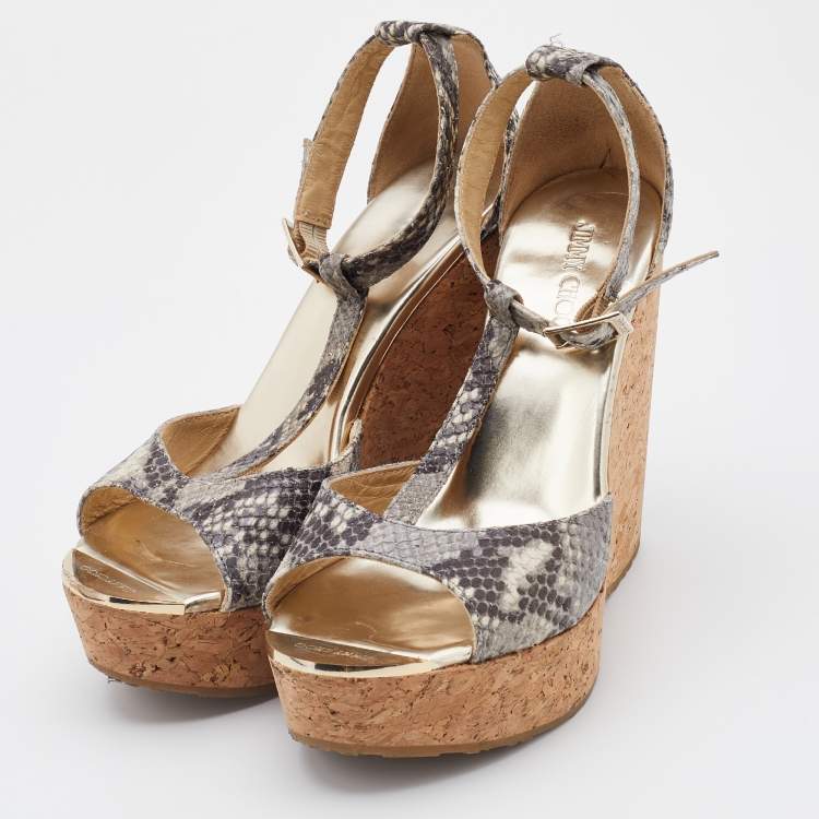 Pre Owned Jimmy Choo Grey/Black Snakeskin Embossed Leather Cork Platform Wedge Sandals Size 37.5