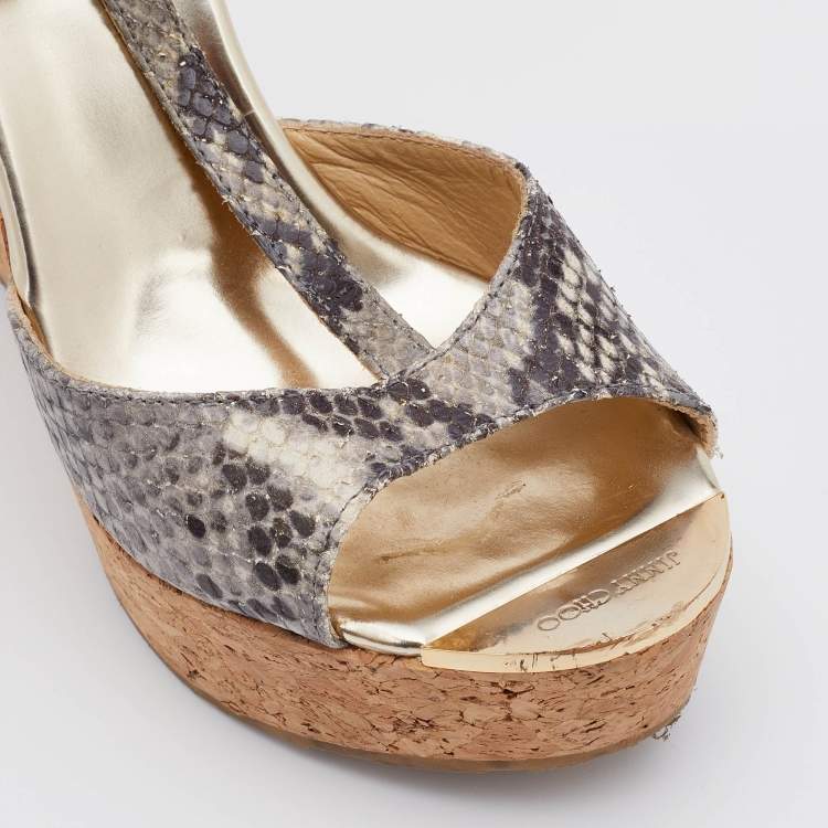 Pre Owned Jimmy Choo Grey/Black Snakeskin Embossed Leather Cork Platform Wedge Sandals Size 37.5