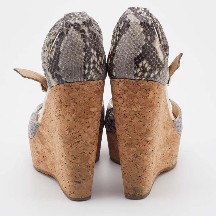 Pre Owned Jimmy Choo Grey/Black Snakeskin Embossed Leather Cork Platform Wedge Sandals Size 37.5