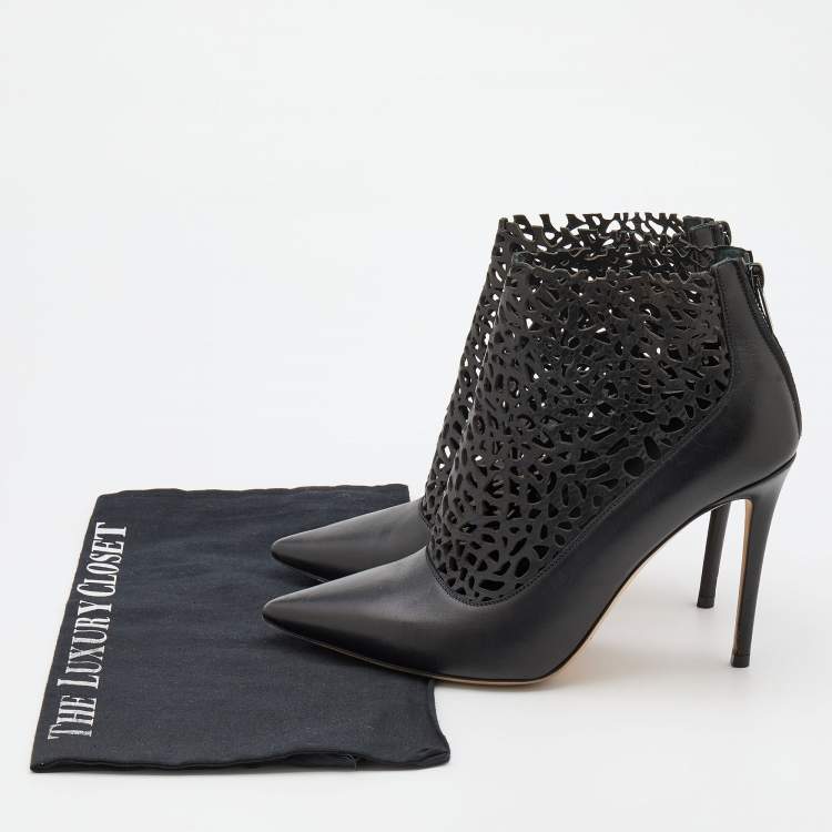 Pre Owned Jimmy Choo Black Leather Laser Cut Ankle Length Boots Size 39