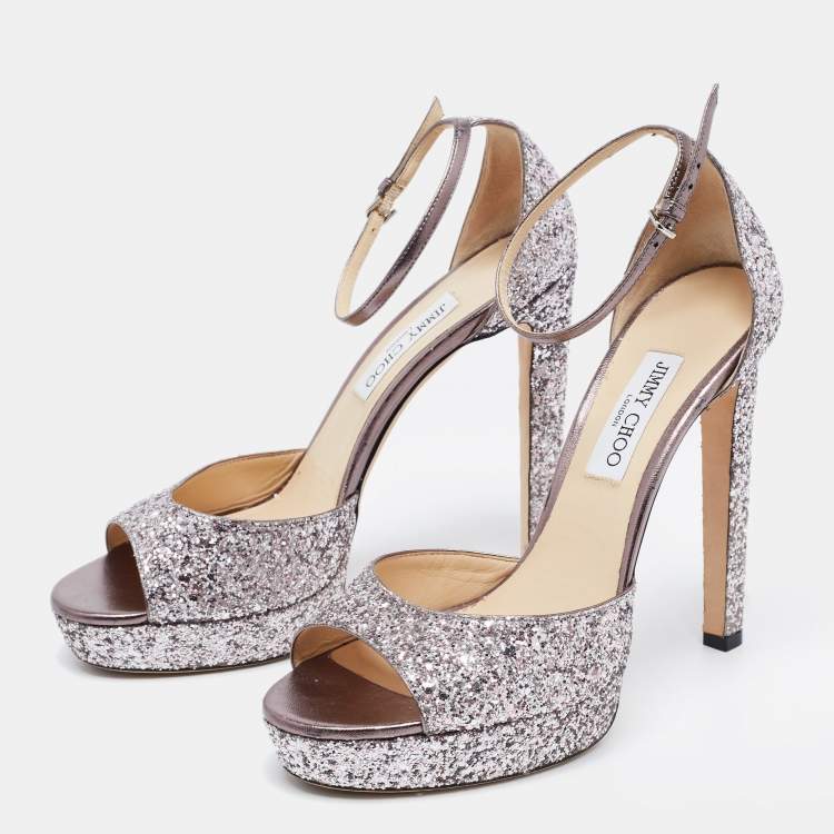 Pre Owned Jimmy Choo Metallic Coarse Glitter Ankle Strap Platform Sandals Size 42