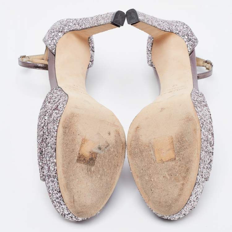 Pre Owned Jimmy Choo Metallic Coarse Glitter Ankle Strap Platform Sandals Size 42