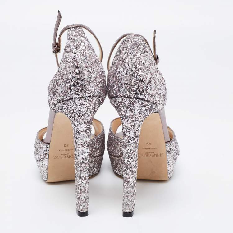 Pre Owned Jimmy Choo Metallic Coarse Glitter Ankle Strap Platform Sandals Size 42