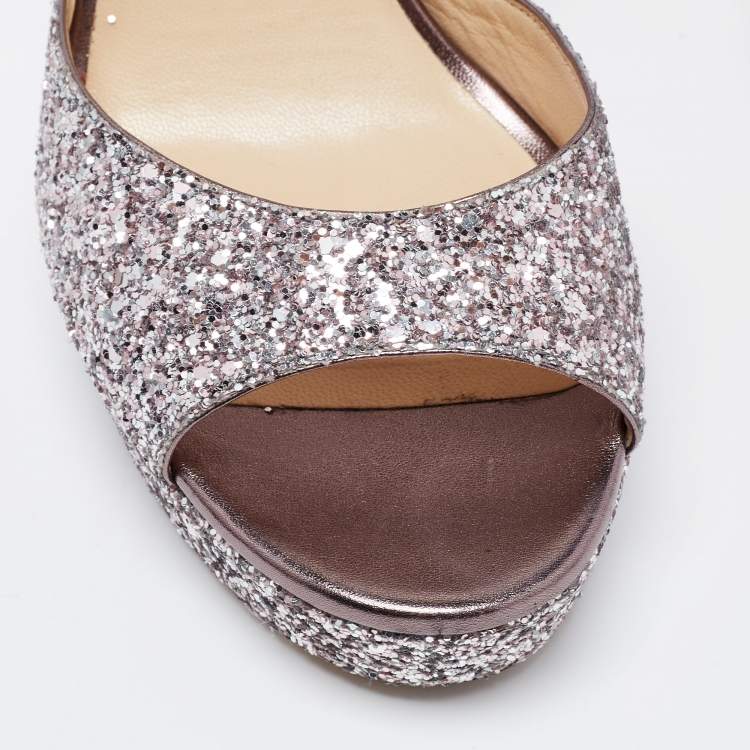 Pre Owned Jimmy Choo Metallic Coarse Glitter Ankle Strap Platform Sandals Size 42