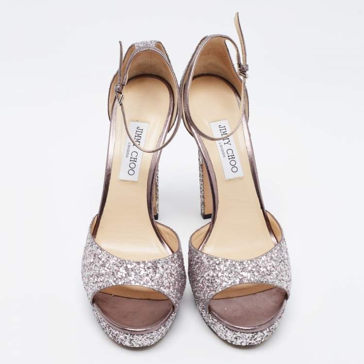 Pre Owned Jimmy Choo Metallic Coarse Glitter Ankle Strap Platform Sandals Size 42