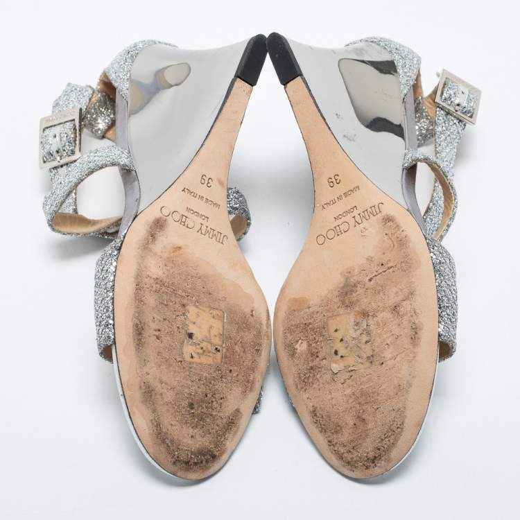 Pre Owned Jimmy Choo Silver Glitter Crisscross Wedge Sandals Size 39