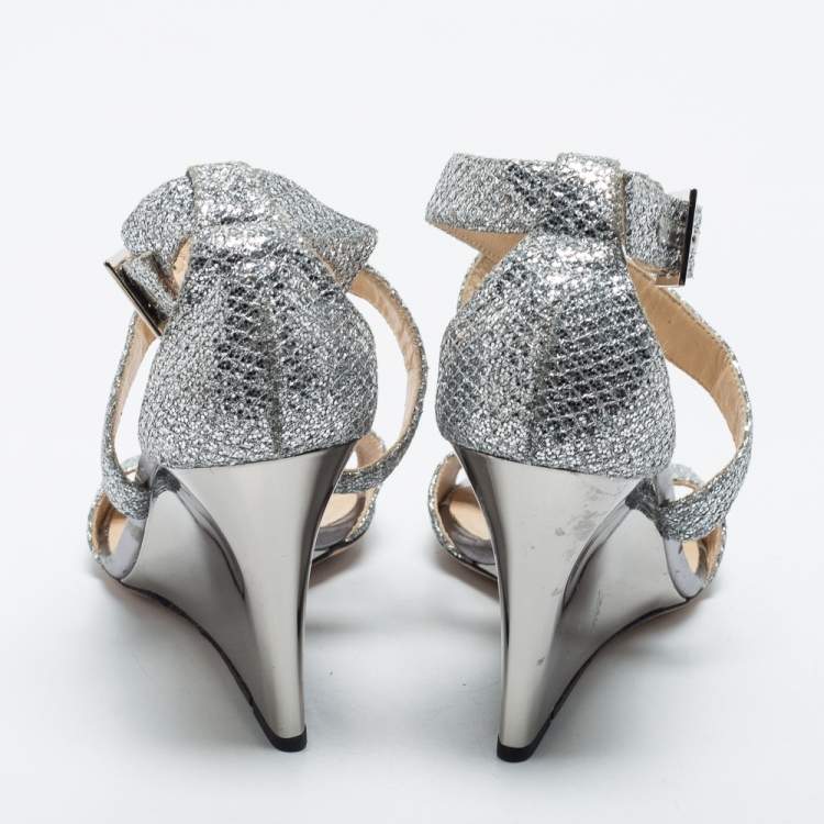 Pre Owned Jimmy Choo Silver Glitter Crisscross Wedge Sandals Size 39