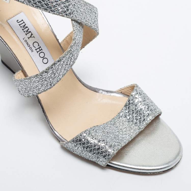 Pre Owned Jimmy Choo Silver Glitter Crisscross Wedge Sandals Size 39