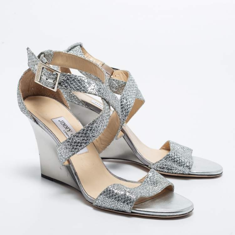 Pre Owned Jimmy Choo Silver Glitter Crisscross Wedge Sandals Size 39