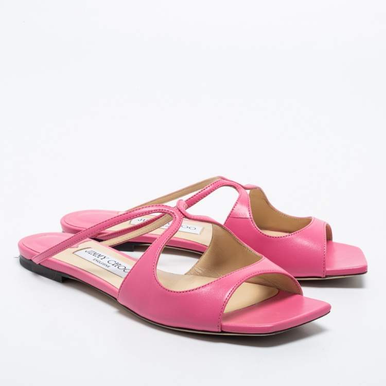 Pre Owned Jimmy Choo Pink Leather Anise Flat Mules Size 37.5