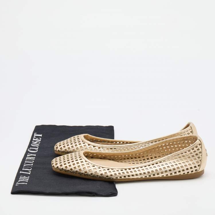 Pre Owned Jimmy Choo Gold Leather Laser Cut Ballet Flats Size 40