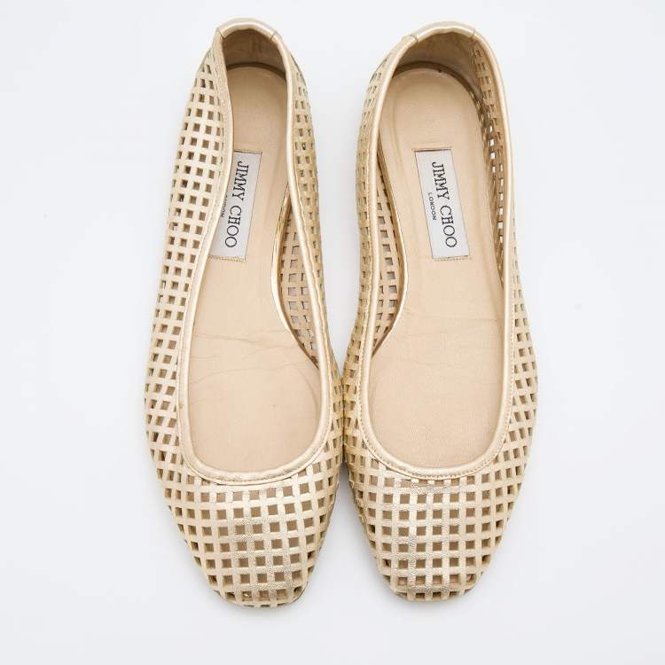 Pre Owned Jimmy Choo Gold Leather Laser Cut Ballet Flats Size 40