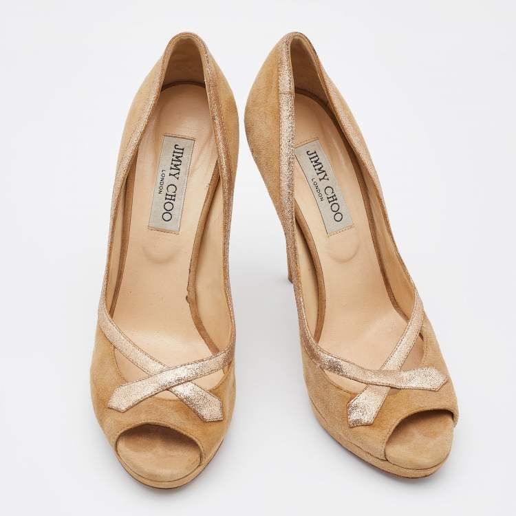 Pre Owned Jimmy Choo Beige/Gold Suede and Leather Open Toe Pumps Size 39.5