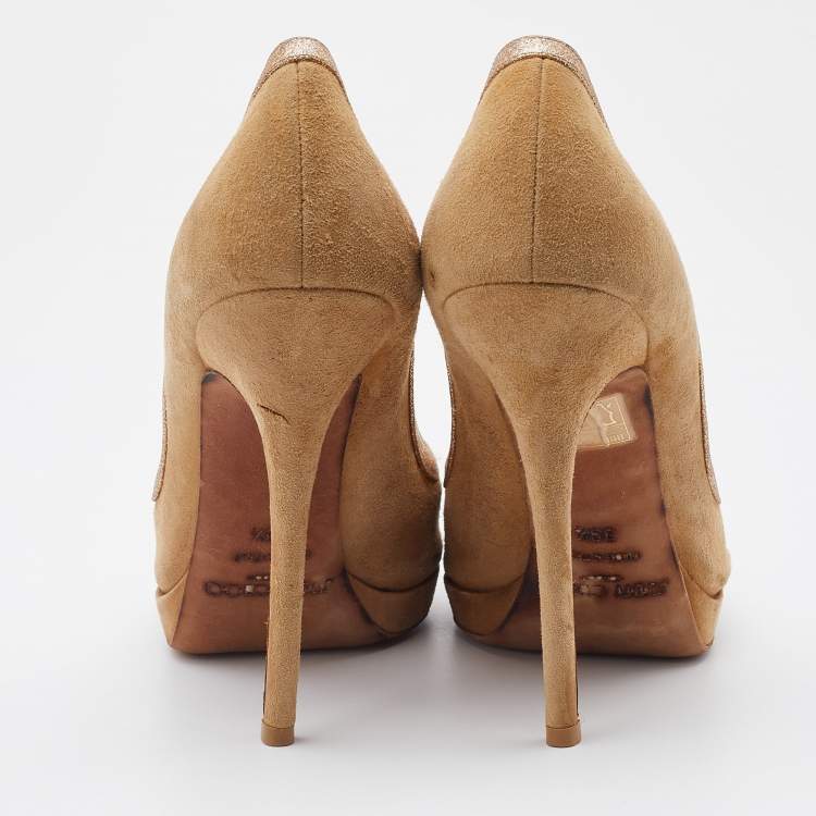 Pre Owned Jimmy Choo Beige/Gold Suede and Leather Open Toe Pumps Size 39.5