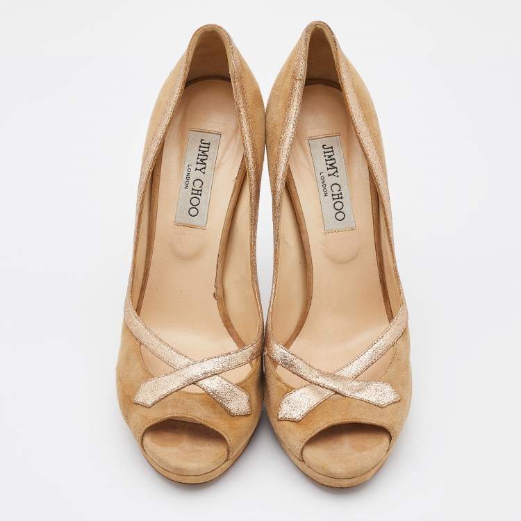 Pre Owned Jimmy Choo Beige/Gold Suede and Leather Open Toe Pumps Size 39.5