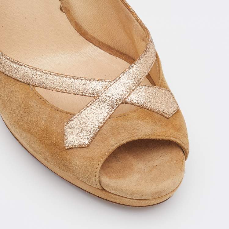 Pre Owned Jimmy Choo Beige/Gold Suede and Leather Open Toe Pumps Size 39.5