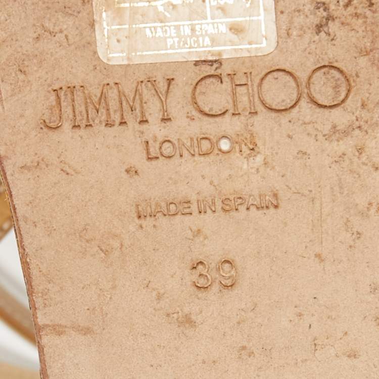Pre Owned Jimmy Choo Gold Leather JC Emblem Wedge Sandals Size 39