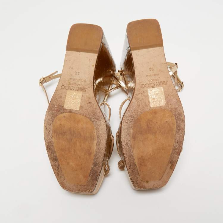 Pre Owned Jimmy Choo Gold Leather JC Emblem Wedge Sandals Size 39