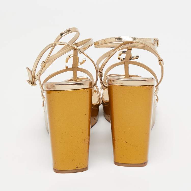 Pre Owned Jimmy Choo Gold Leather JC Emblem Wedge Sandals Size 39