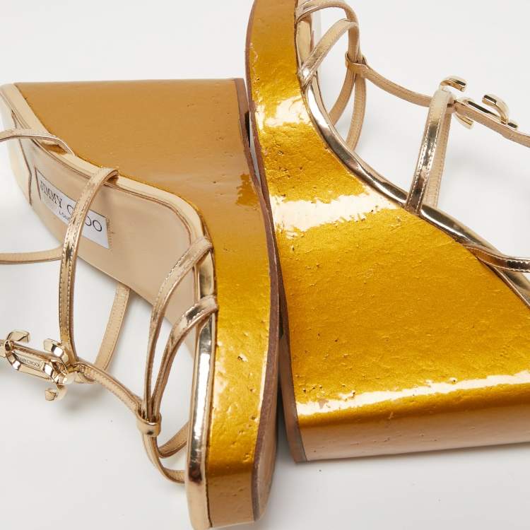 Pre Owned Jimmy Choo Gold Leather JC Emblem Wedge Sandals Size 39