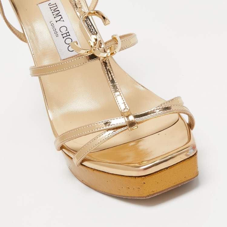 Pre Owned Jimmy Choo Gold Leather JC Emblem Wedge Sandals Size 39