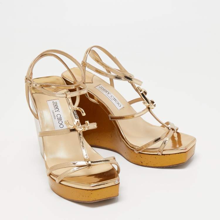 Pre Owned Jimmy Choo Gold Leather JC Emblem Wedge Sandals Size 39