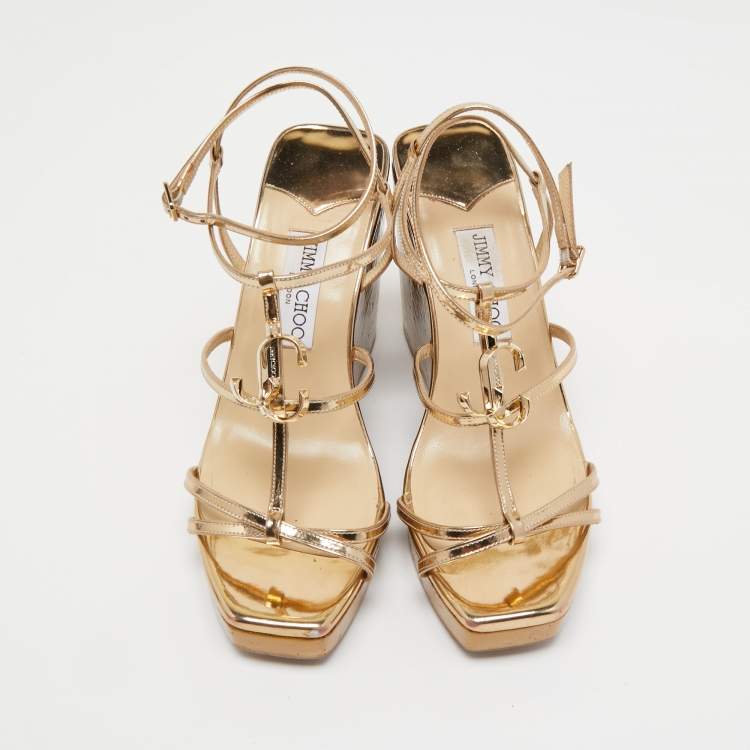 Pre Owned Jimmy Choo Gold Leather JC Emblem Wedge Sandals Size 39