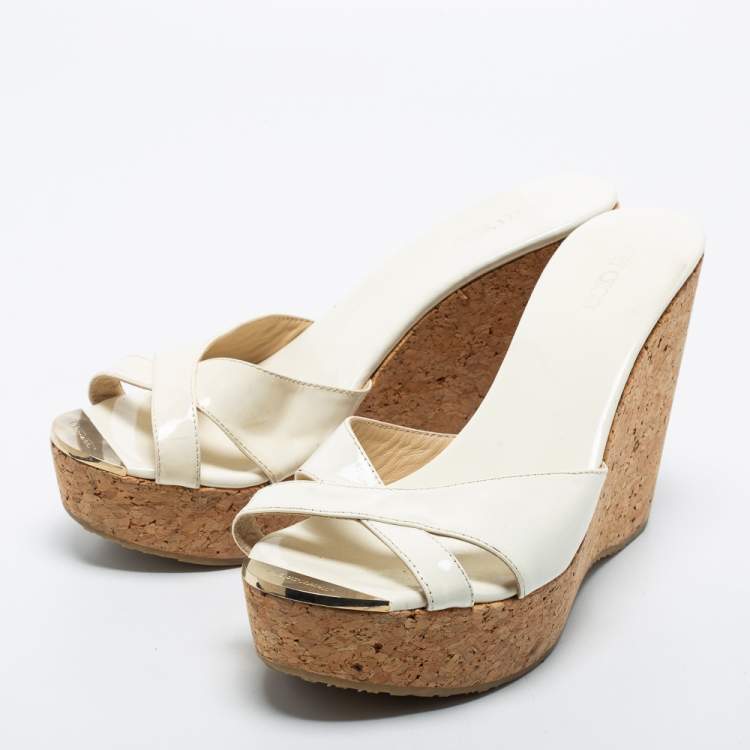 Pre Owned Jimmy Choo Off White Patent Leather Criss Cross Prima Cork Wedge Sandals Size 41