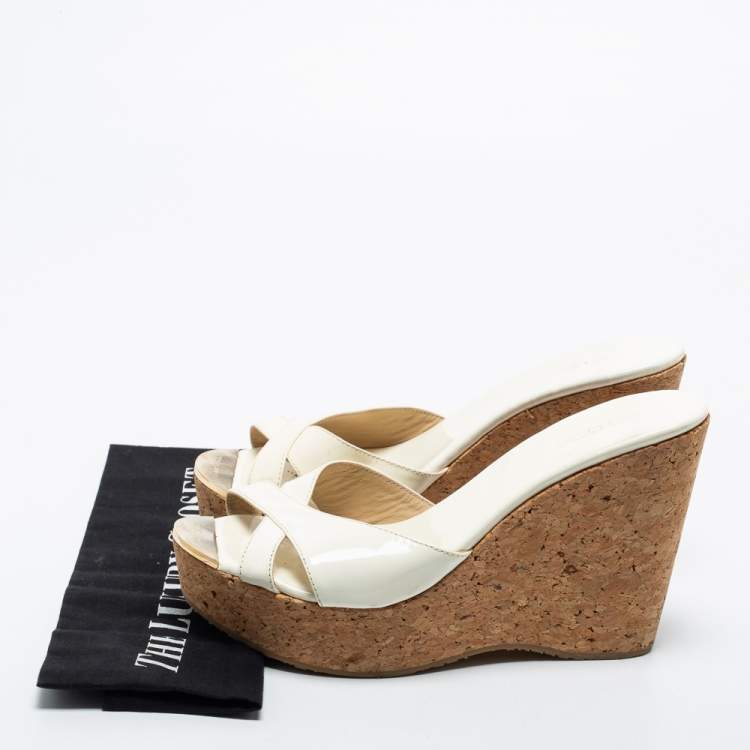 Pre Owned Jimmy Choo Off White Patent Leather Criss Cross Prima Cork Wedge Sandals Size 41