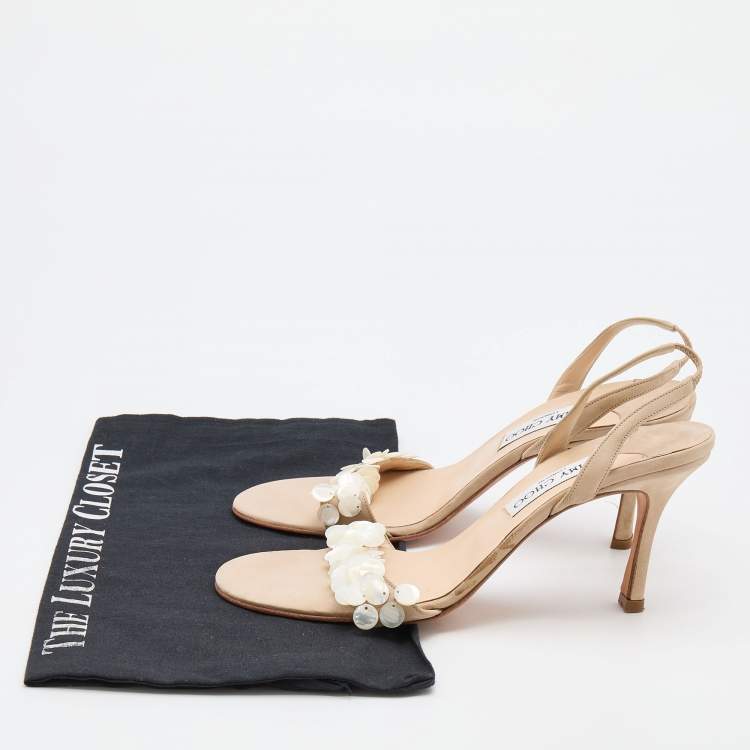 Pre Owned Jimmy Choo Beige Nubuck Leather Embellished Slingback Sandals Size 38