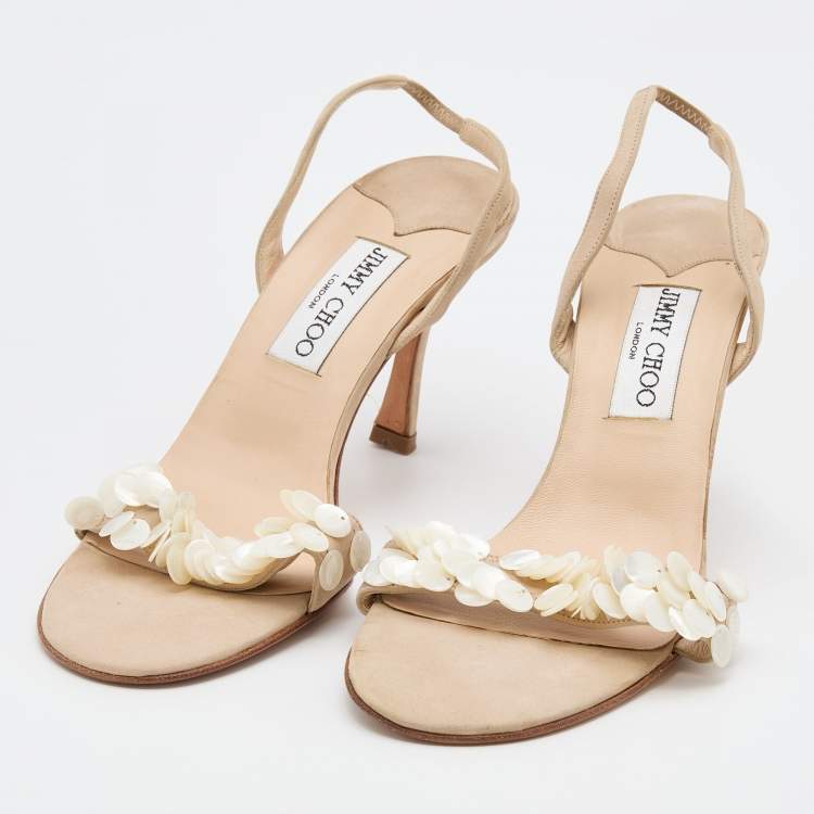 Pre Owned Jimmy Choo Beige Nubuck Leather Embellished Slingback Sandals Size 38