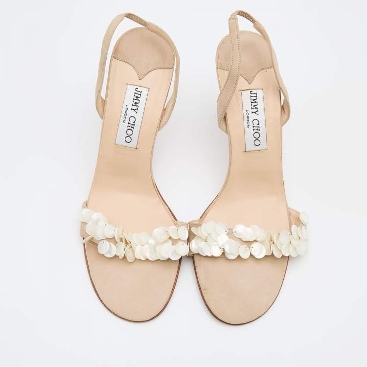 Pre Owned Jimmy Choo Beige Nubuck Leather Embellished Slingback Sandals Size 38