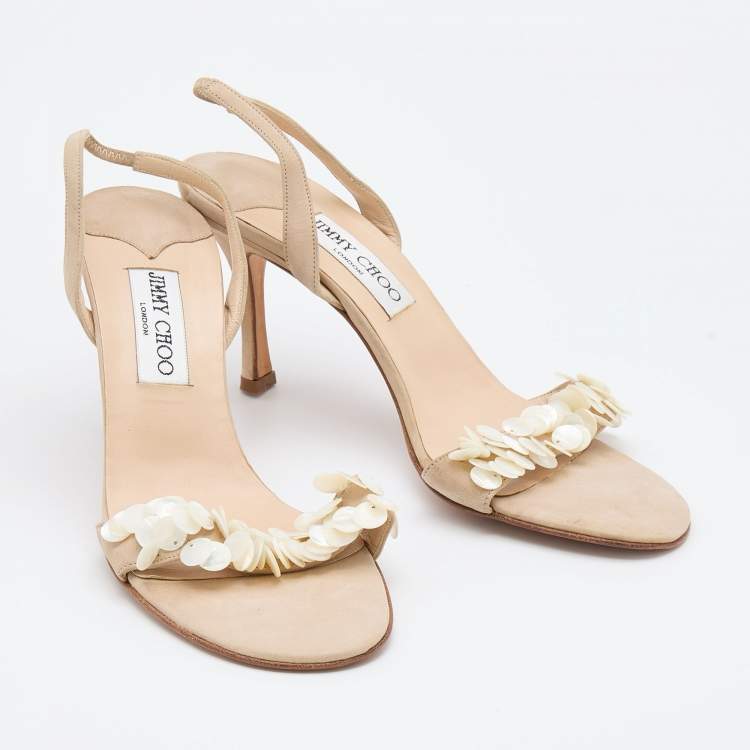 Pre Owned Jimmy Choo Beige Nubuck Leather Embellished Slingback Sandals Size 38