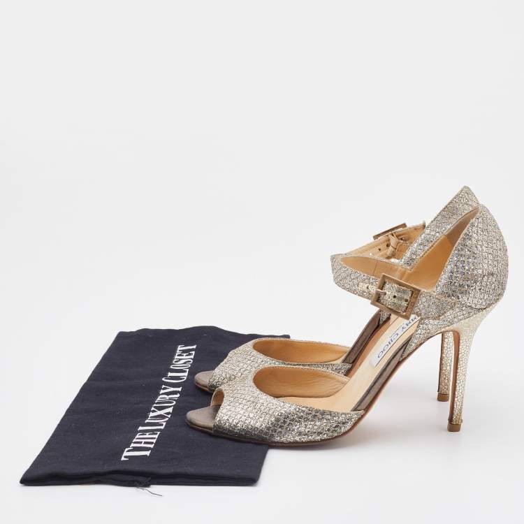 Pre Owned Jimmy Choo Gold Coarse Glitter Peep Toe Ankle Strap Sandals Size 38.5