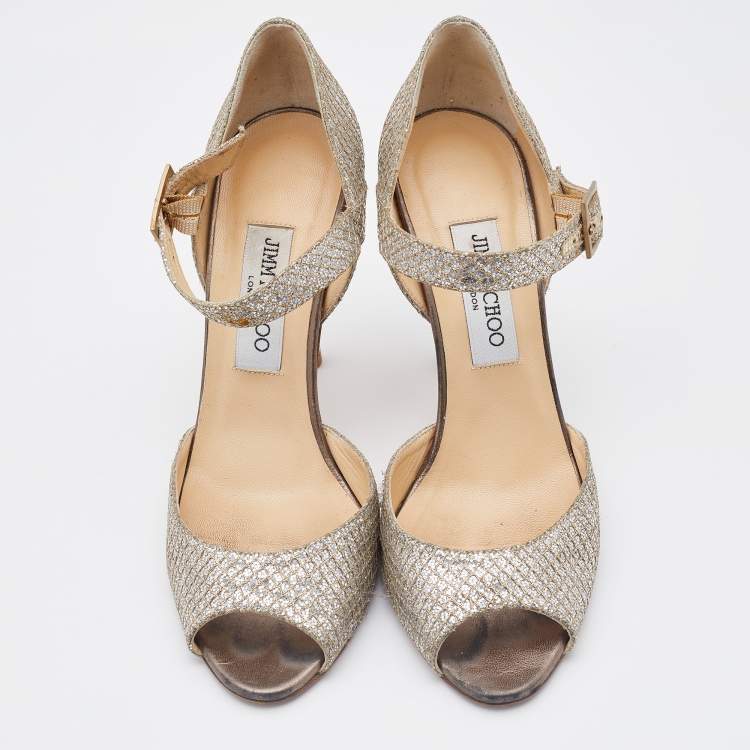 Pre Owned Jimmy Choo Gold Coarse Glitter Peep Toe Ankle Strap Sandals Size 38.5