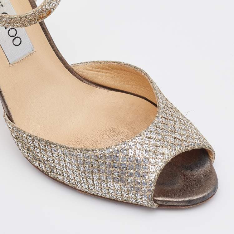 Pre Owned Jimmy Choo Gold Coarse Glitter Peep Toe Ankle Strap Sandals Size 38.5