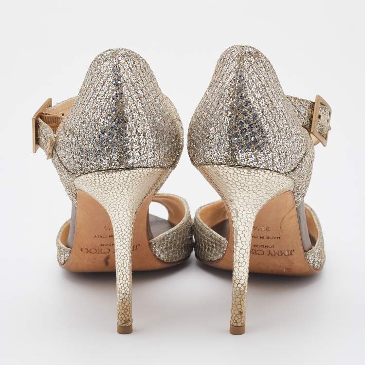 Pre Owned Jimmy Choo Gold Coarse Glitter Peep Toe Ankle Strap Sandals Size 38.5