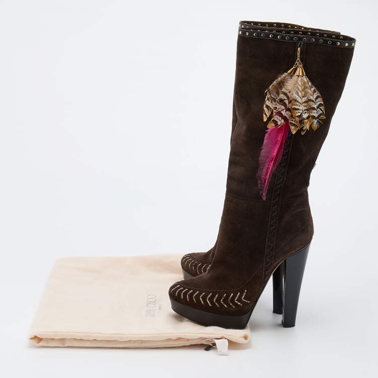 مملوكة مسبقًا Jimmy Choo Dark Brown Suede Knee Length Platform Boots Size 38.5