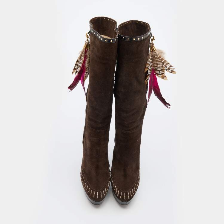 مملوكة مسبقًا Jimmy Choo Dark Brown Suede Knee Length Platform Boots Size 38.5