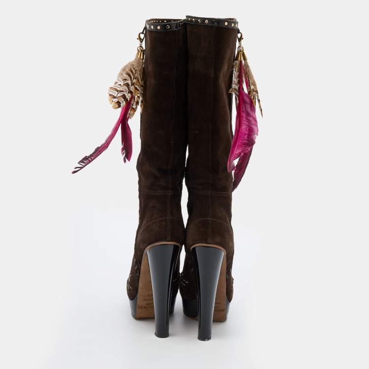 مملوكة مسبقًا Jimmy Choo Dark Brown Suede Knee Length Platform Boots Size 38.5
