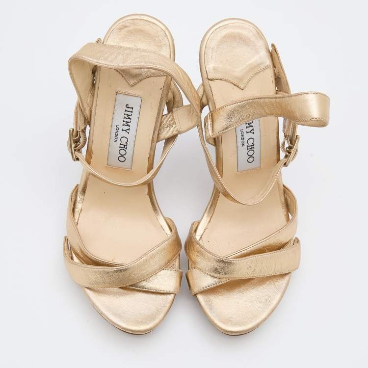 Pre Owned Jimmy Choo Gold Leather Criss Cross Ankle Strap Sandals Size 37