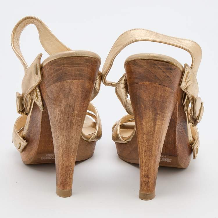 Pre Owned Jimmy Choo Gold Leather Criss Cross Ankle Strap Sandals Size 37