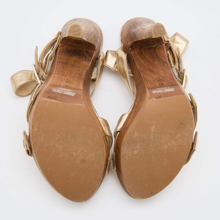 Pre Owned Jimmy Choo Gold Leather Criss Cross Ankle Strap Sandals Size 37