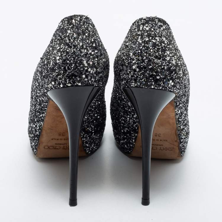 Pre Owned Jimmy Choo Black/Silver Coarse Glitter Crown Pumps Size 38