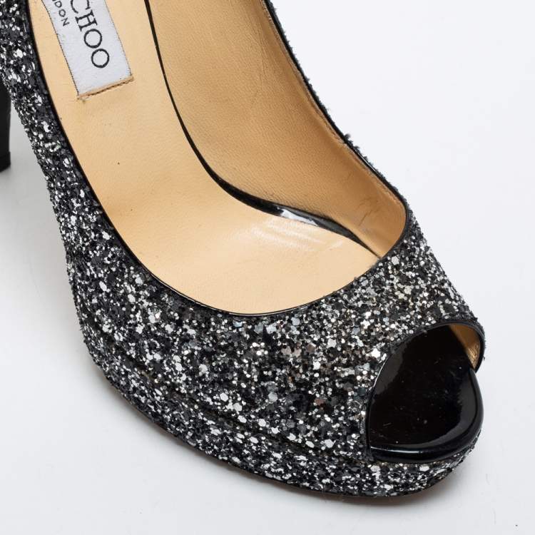 Pre Owned Jimmy Choo Black/Silver Coarse Glitter Crown Pumps Size 38