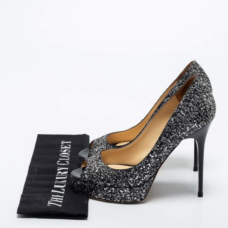 Pre Owned Jimmy Choo Black/Silver Coarse Glitter Crown Pumps Size 38