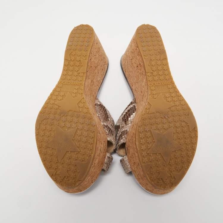 Pre Owned Jimmy Choo Brown/Beige Python Embossed Leather Prima Wedge Sandals Size 37.5